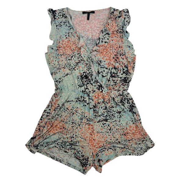 BCBG MAXAZRIA Wrap Front Romper Multcolor Ruffle Elastic Waist Sz L Stretch - Picture 1 of 13